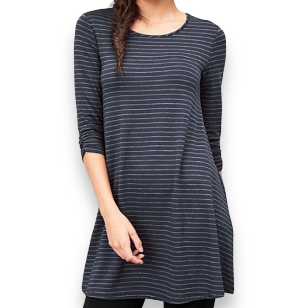 Garnet Hill Dress Tunic‎ Jersey Knit Viscose Stretch Blue Gray Pinstripe Mini S